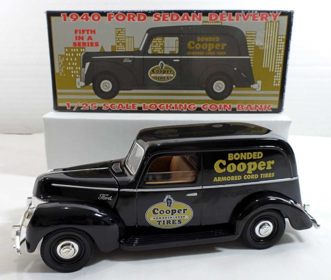COOPER TIRES 1940 SEDAN DELIVERY LOCKING COIN BANK: STOCK #67508, 1940 FORD SEDAN DELIVERY COOPER TIRES ARMORED-CORD DIE CAST METAL,LIMITED EDITION, 1/25 SCALE LOCKING COIN BANK, IN ORIGINAL BOX WITH KEY, IN ORIGINAL BOX