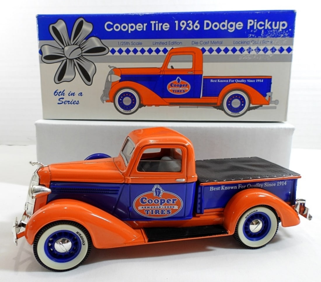 COOPER TIRES 1936 DODGE PICKUP LOCK COIN BANK: COOPER TIRES ARMORED-CORD, STOCK #72011, 1/25TH SCALE LIMITED EDITION DIE CAST METAL, LOCKING COIN BANK WITH KEY STILL ATTACHED, SIXTH IN THE SERIES 1995, IN ORIGINAL BOX