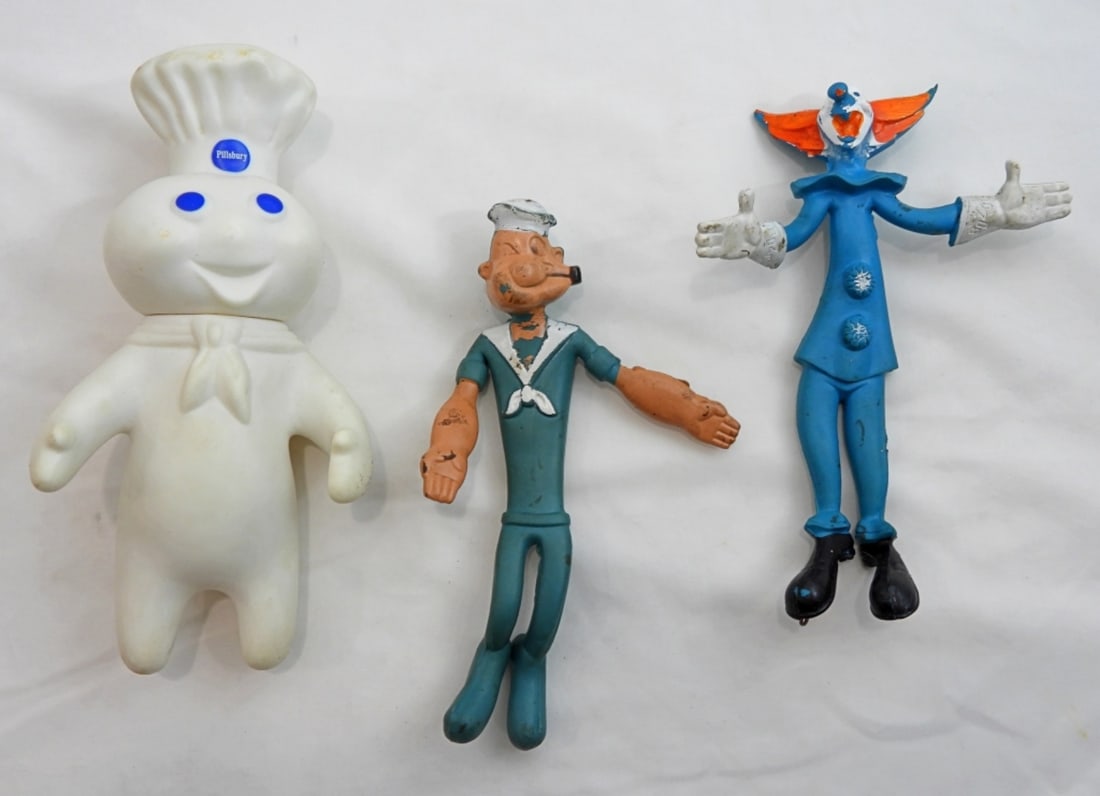 BOZO the CLOWN, POPEYE & PILLSBURY BOY: (3) VINTAGE RUBBER COLLECTIBLE TOYS