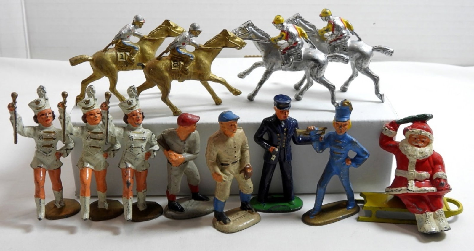 (12) pc CAST IRON VTG FIGURINES: VARIETY UNIQUE VINTAGE FIGURINE - HORSE RACING, BASEBALL PLAYERS, MAJORETTES & MORE