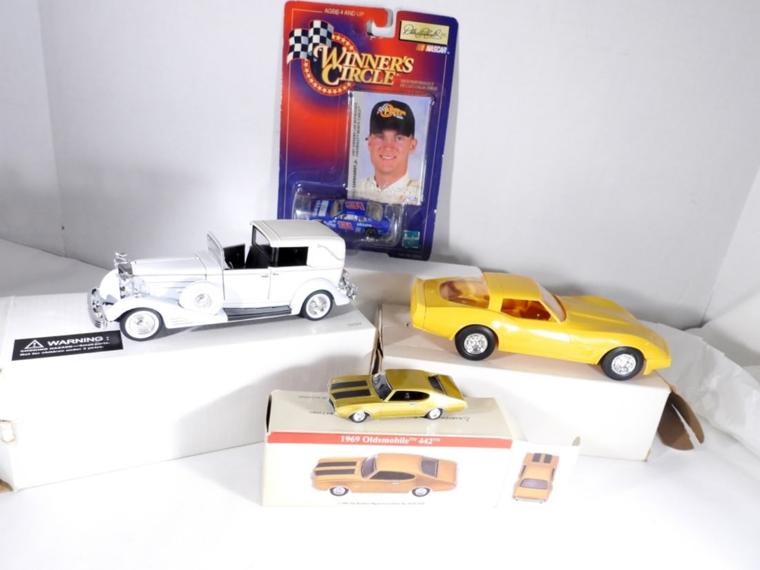 (4) VARIETY TOY CARS: (4) VARIETY TOY CARS, YELLOW 1980 CORVETTE, 1933 CADILLAC TOWN CAR, 1969 OLDS MOBILE, DALE EARNHARDT JR WINNERS CIRCLE RACE CAR
