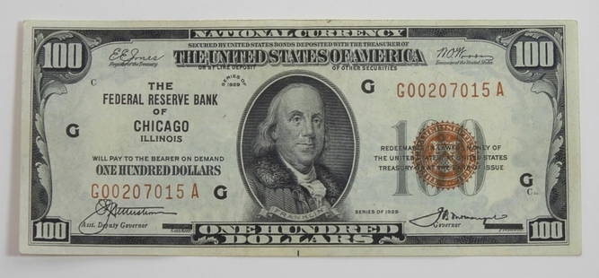 1929 $100 NATIONAL CURRENCY CHICAGO: BEAUTIFUL NOTE