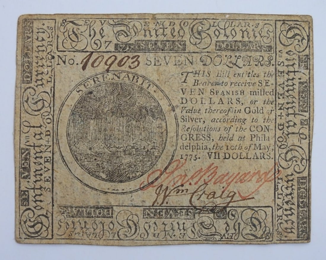 MAY, 1775 COLONIAL $7 CURRENCY NOTE (1 of 2)