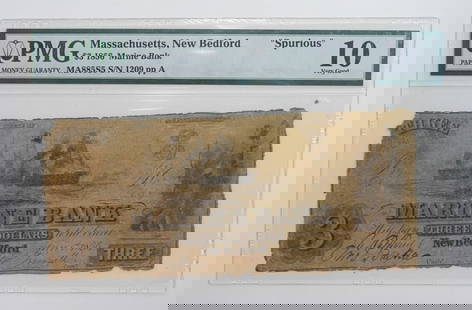 MASS, NEW BEDFORD "SPURIOUS" PMG 10: $3 1856 MARINE BANK - OBSOLETE NOTE
