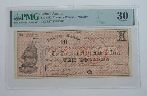 TEXAS, AUSTIN $10 1862 NOTE PMG 30: $10 1862 TREASURY WARRANT - MILITARY