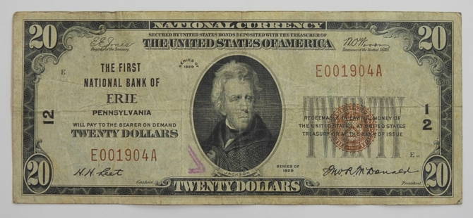 $20 NATIONAL CURRENCY ERIE, PENNSYLVANIA: 1929 NATIONAL CURRENCY NOTE