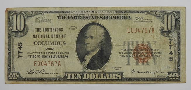 $10 NATIONAL CURRENCY COLUMBUS, OHIO: 1929 NATIONAL CURRENCY NOTE