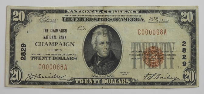 $20 NATIONAL CURRENCY CHAMPAIGN, IL: 1929 NATIONAL CURRENCY NOTE
