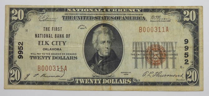 $20 NATIONAL CURRENCY ELK CITY, OKLAHOMA: 1929 NATIONAL CURRENCY NOTE