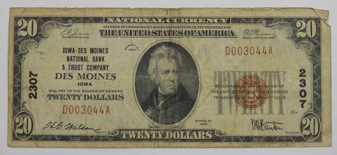 $20 NATIONAL CURRENCY DES MOINES, IA: 1929 NATIONAL CURRENCY NOTE