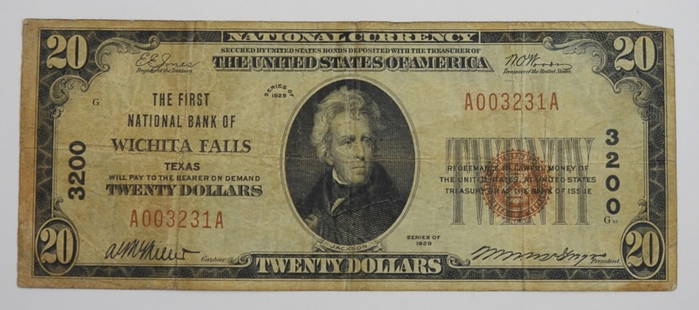 $20 NATIONAL CURRENCY WICHITA FALLS, TX: 1929 NATIONAL CURRENCY NOTE