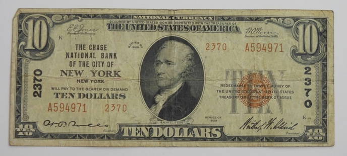 $10 NATIONAL CURRENCY NEW YORK, NY: 1929 NATIONAL CURRENCY NOTE