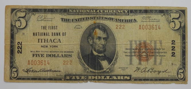 $5 NATIONAL CURRENCY ITHACA, NEW YORK: 1929 NATIONAL CURRENCY NOTE