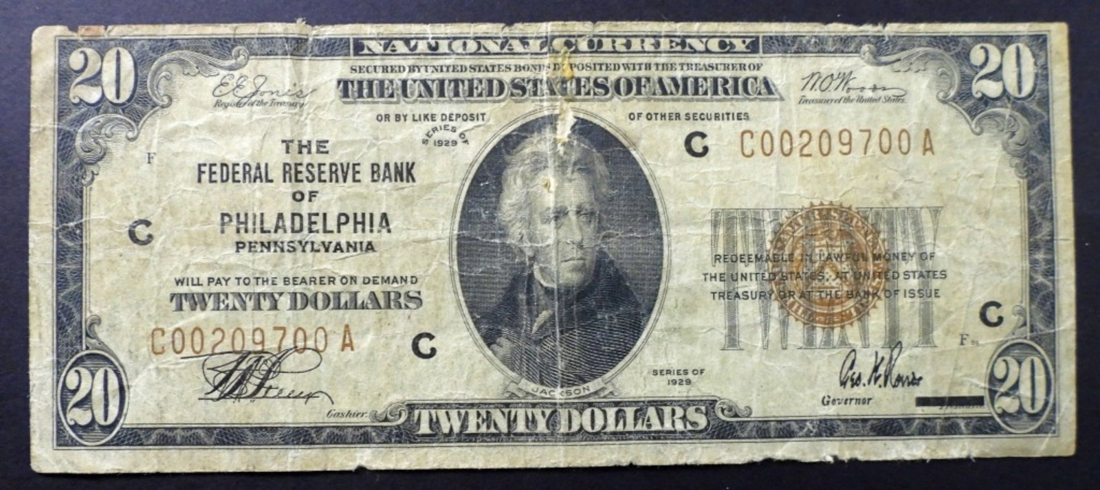 1929 $20 NATIONAL CURRENCY PHILADELPHIA: THE FEDERAL RESERVE BANK OF PHILADELPHIA PA - CIRC