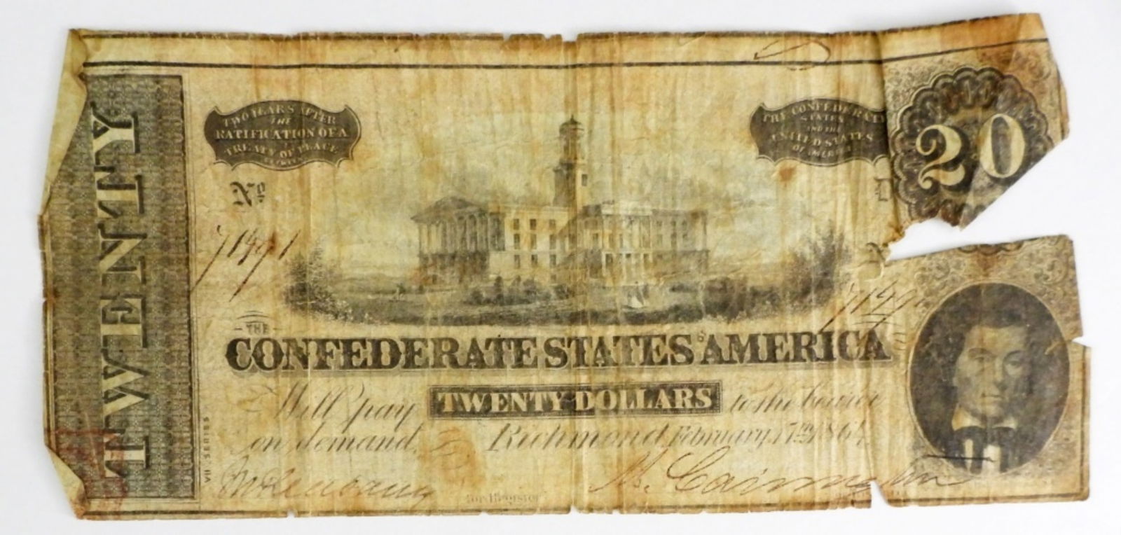1864 $20 CONFEDERATE STATES OF AMERICA NOTE (1 of 2)