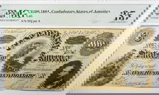 $ 100 1864 CONFEDERATE STATE OF AM PMG 35: CHOICE VERY FINE