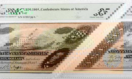$20 1864 CONFEDERATE STATES OF AM PMG 35: CHOICE VERY FINE