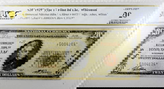 $20 1929 TYPE 1 -FOND DU LAC WI  PMG 20: VERY FINE
