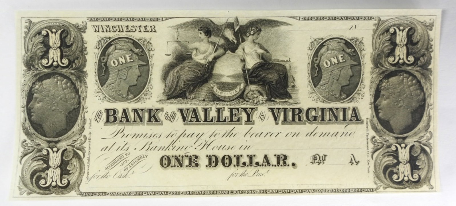$1 BANK OF THE VALLEY OBSOLETE NOTE: WINCHESTER ,VIRGINIA