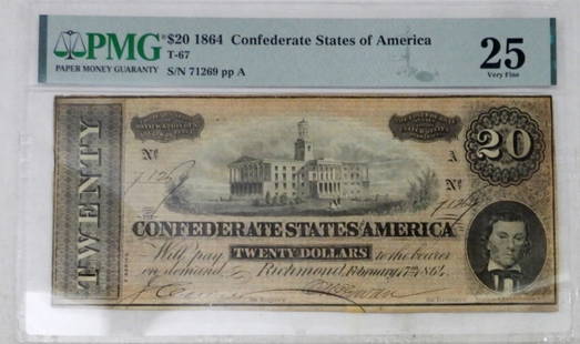 $20 1864 CONFEDERATE STATES of AM PMG 25: VERY FINE