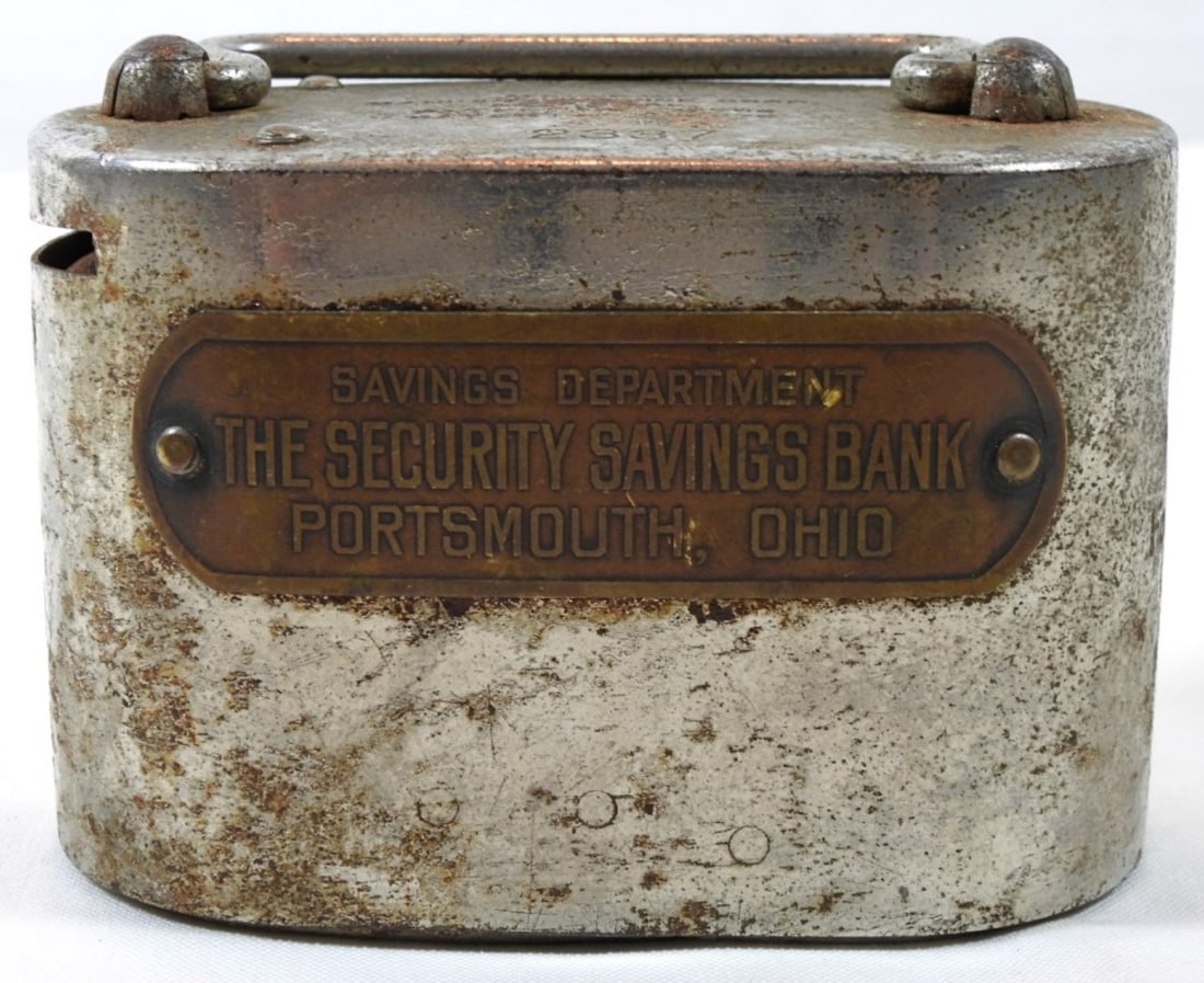 METAL COIN BANK: "THE SECURITY SAVINGS BANK" PORTSMITH, OHIO