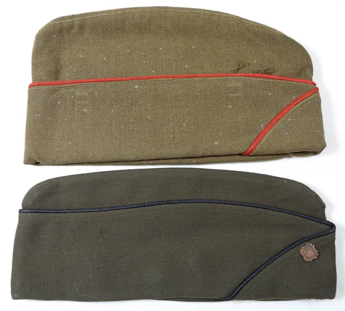 (2) MILITARY GARRISON HATS: (1) has VETERAN FOREIGN WAR PIN size 7 1/4,