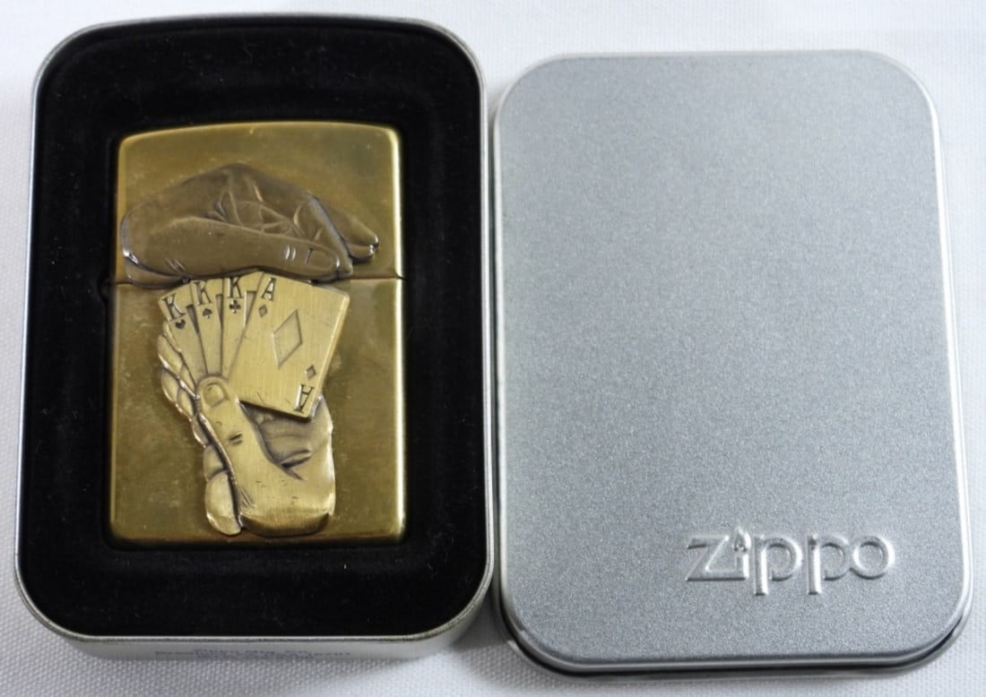 1996 UNFRIED FULL HOUSE ZIPPO: UNFRIED, IN ZIPPO TIN CASE, BARRETT-SMYTHE FULL HOUSE BRASS SURPRISE ZIPPO