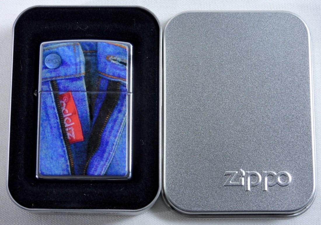 1996 SEALED DENIM FLY ZIPPER ZIPPO: SEALED IN ORIGINAL ZIPPO TIN CASE FROM DENIM SERIES