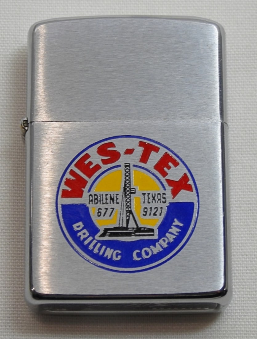 1976 UNFIRED WES-TEX DRILLING COMPANY ZIPPO: 1976 ADVERTISING ZIPPO FOR WES-TEX DRILLING COMPANY ABILENE, TEXAS, IN A ZIPPO BOX