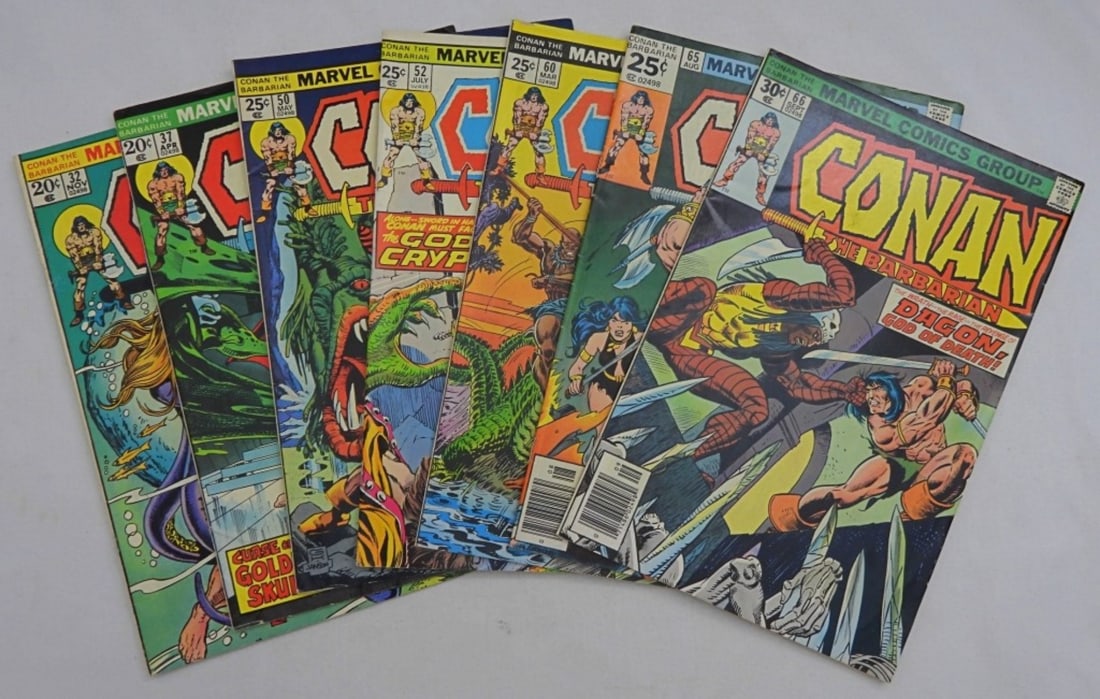 (7) CONAN THE BARBARIAN COMICS 1973-76: (7) CONAN THE BARBARIAN COMICS 1973-77- 1973 NO. 32, 1974 NO. 37, 1975 NO. 50, 1975 NO. 52, 1976 NO. 60, 1976 NO. 65, 1976 NO. 66- ALL COMICS ARE GOOD CONDITION OR BETTER