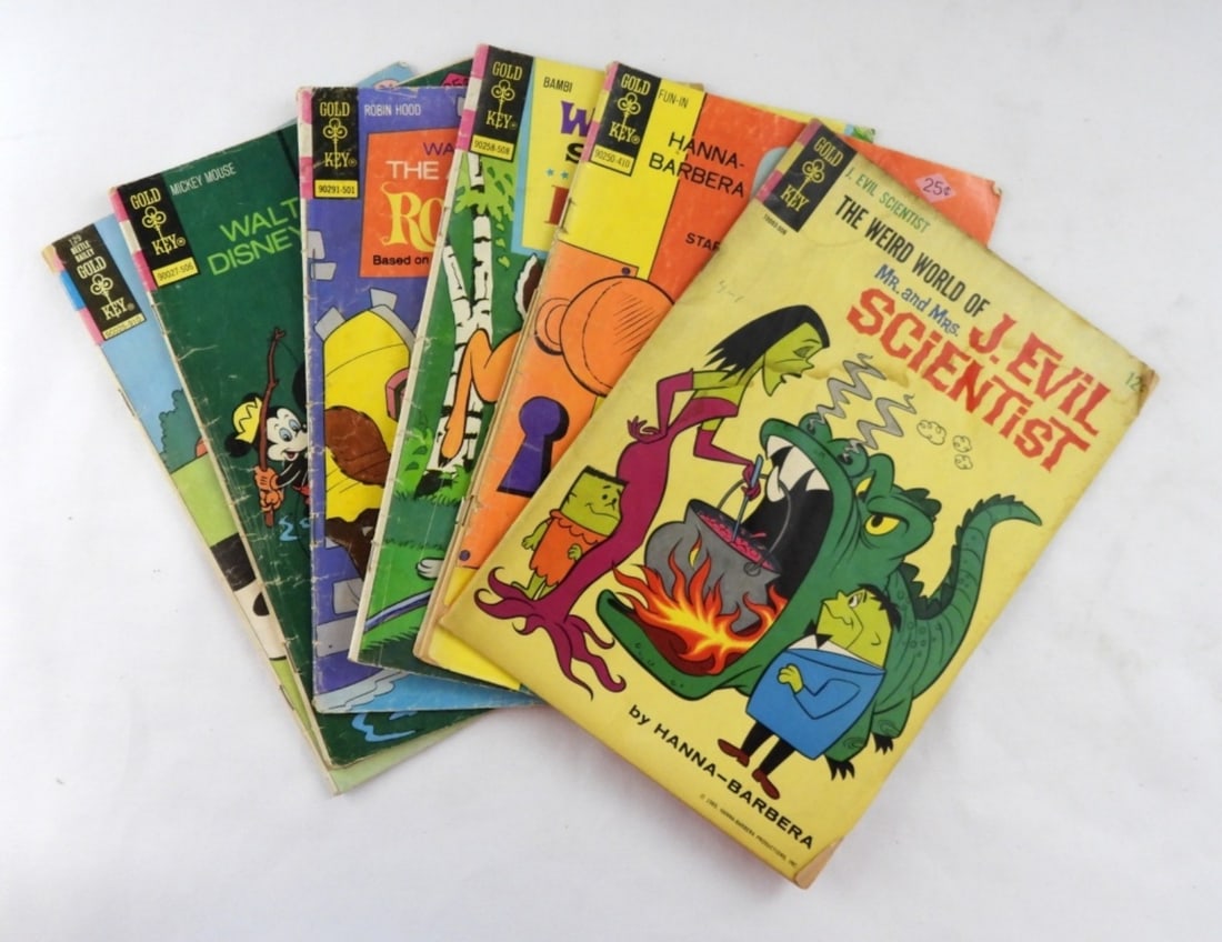 (6)RANDOM LOT OF GOLD KEY 1960'S-1970'S: THE WEIRD WORLD OF MR. AND MRS.. J.EVIL SCIENTIST- NO 3, 1965- IN GOOD CONDITION DOES HAVE SOME PEN MARKS ON THE FRONT COVER. HANNA BARBERA FUN-IN STARRING INCH HIGH PRIVATE EYE NO 14 OCTOBER 1974- FR