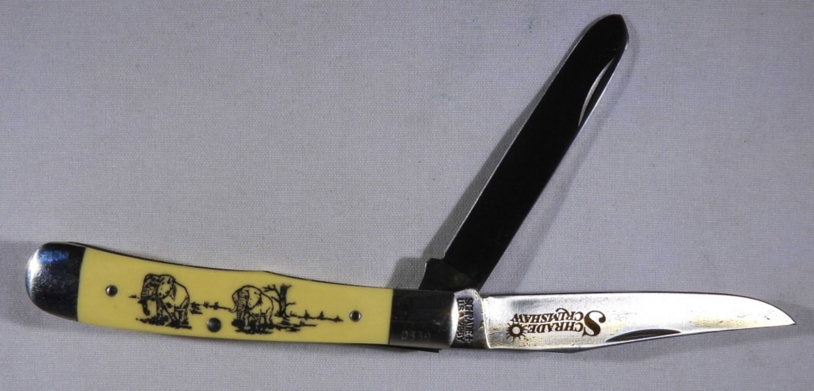 SCHRADE SCRIMSHAW POCKET KNIFE: 296SC "ELEPHANT SCENE" in BOX with PAPERS - LIKE NEW