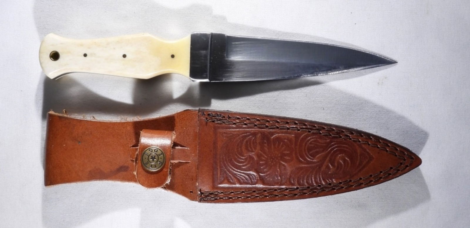 9" STRAIGHT KNIFE BONE HANDLE & SHEATH: RITE EDGE on SHEATH - LIKE NEW