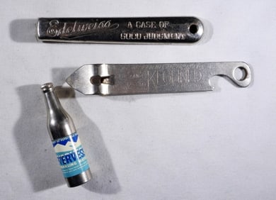 (2) ANTIQUE BOTTLE OPENERS & BOTTLE