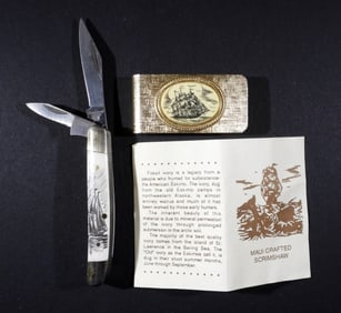 SAIL SHIP SCRIMSHAW LOT - KNIFE & CLIP