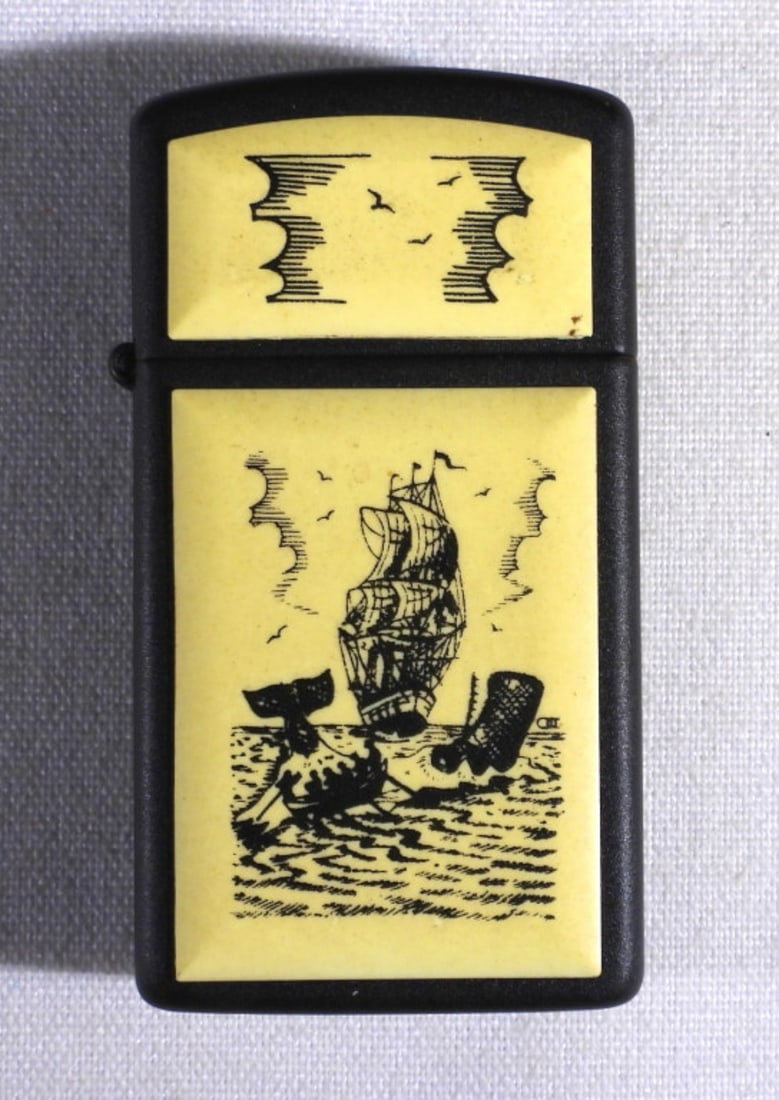 '96 UNFIRED ZIPPO SLIM SCRIMSHAW SHIP WHALE: UNFIRED 1992, IN A ZIPPO BOX