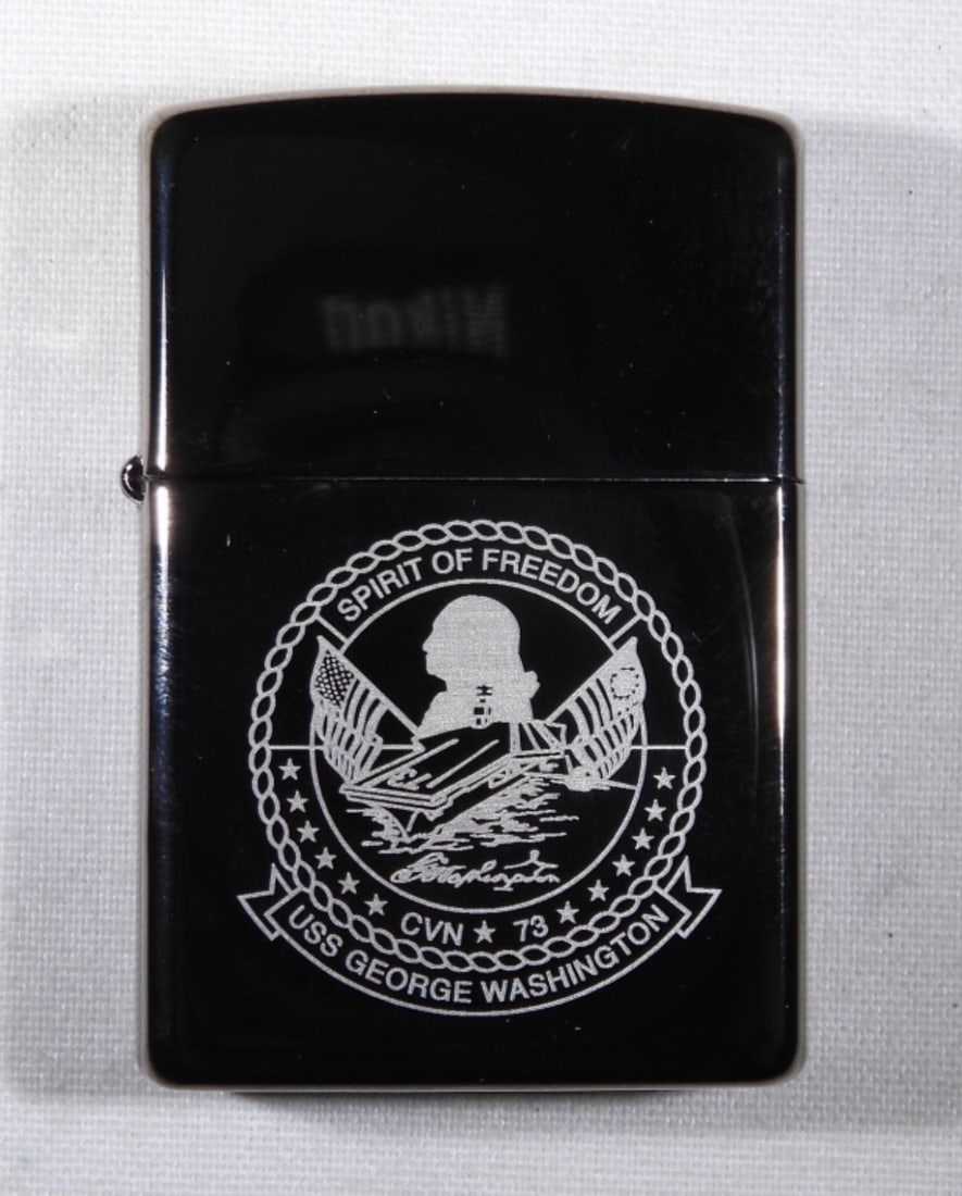 '03 SEALED USS GEORGE WASHINGTON ZIPPO: 2003 SPIRIT OF FREEDOM CVN-73 USS GEORGE WASHINGTON LOGO ETCHED ON THE FRONT, IN A ZIPPO BOX