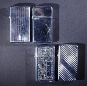 (4) FIRED ETCHED ZIPPO SLIM LIGHTERS