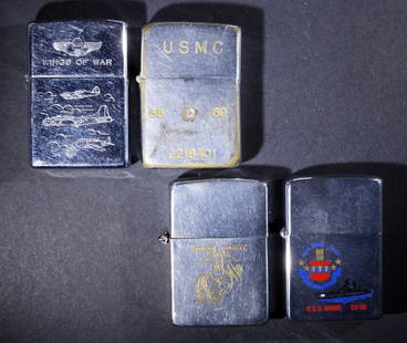 (3) FIRED, (1) UNFIRED MILITARY ZIPPO LIGHTER: 1- FIRED PAT. 2517191 (INSERT DOES NOT MATCH), 1- FIRED SEMPER FIDELIS ETCHED DESIGN PAT PENDING #2517191 (INSERT IS STUCK, CANT SEE IF IT MATCHES), 1- FIRED 2002 WINGS OF WAR ETCHED DESIGN, 1- 1980 U