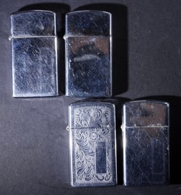 (3) FIRED, (1) UNFIRED SLIM ZIPPO LIGHTERS