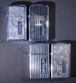 (4) ETCHED FIRED SLIM ZIPPO LIGHTERS
