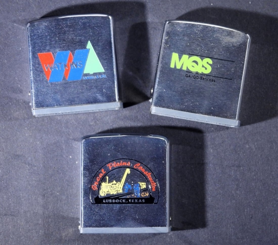 (3) ZIPPO ADVERTISING RULER: ALL IN ZIPPO BOXES, GREAT PLAINS CONSTRUCTION, LUBBOCK, TEXAS, WATKINS SAWMILLS LTD, MQS QA/QC SERVICES