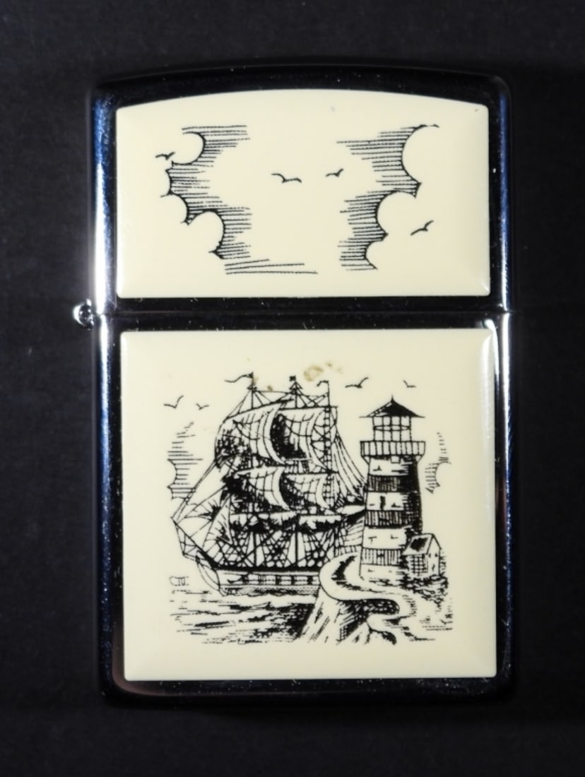 SEALED 1994 SCRIMSHAW SHIP ZIPPO LIGHTER: SEALED IN A ZIPPO BOX