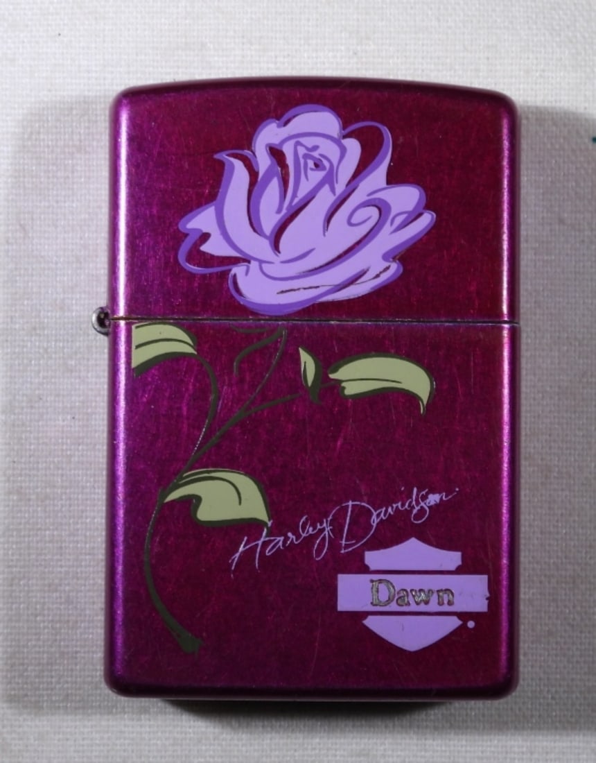 FIRED 2008 PINK ROSE HARLEY DAVIDSON ZIPPO: FIRED, IN A ZIPPO TIN CASE, ENGRAVED WITH THE NAME DAWN