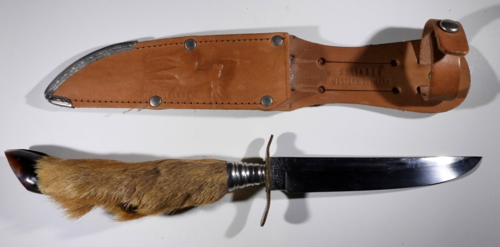 OAK CUTLERY GERMANY w/HOOF HANDLE: 10" LONG WITH SHEATH, PRE-OWNED NICE CONDITION