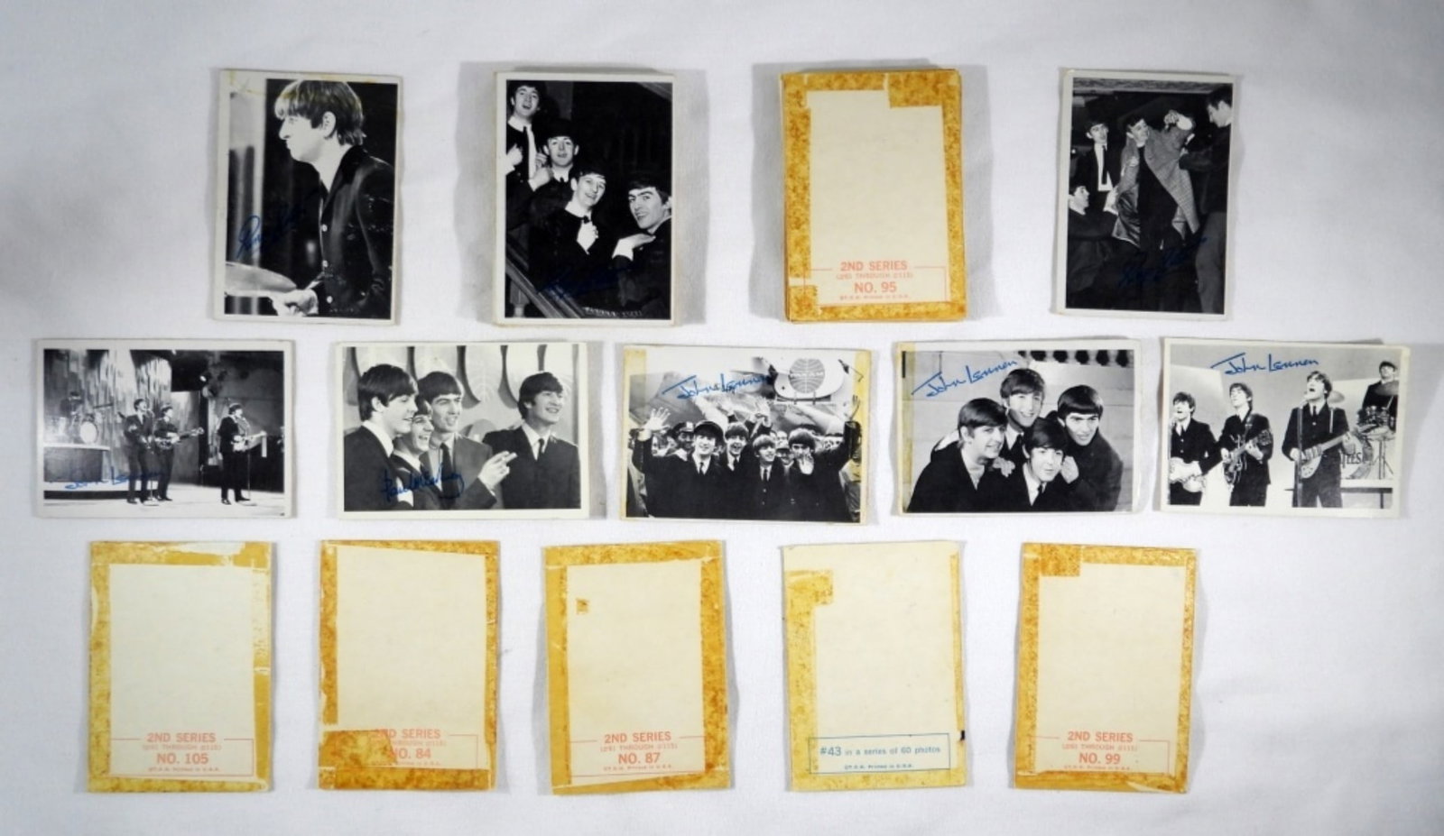 (52) 1964 BEATLES 2nd SER TRADING CARDS: GREAT MIX - MOSTLY DIFFERENT - ALL HAVE TAPE MARKS on REV & FEW WITH TAPE STAIN ON FRONTS- VG