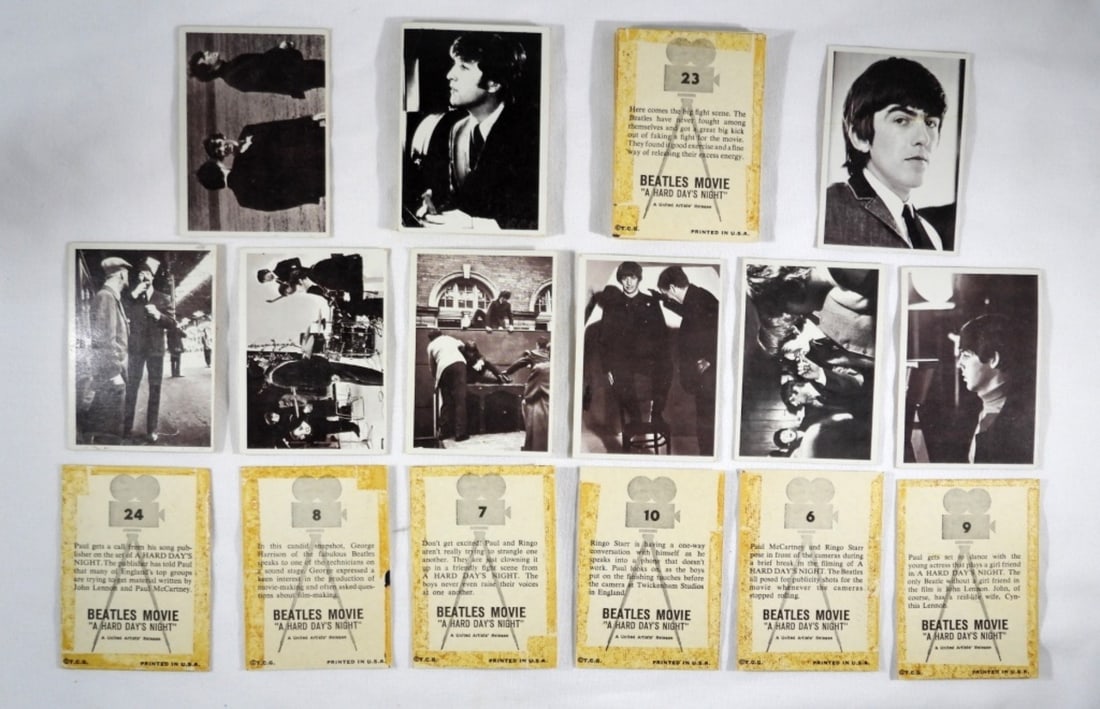 (35) 1964 TOPPS BEATLES MOVIE CARDS: MOSTLY ALL DIFFERENT, ALL HAVE TAPE STAINS ON REV - EX/VG