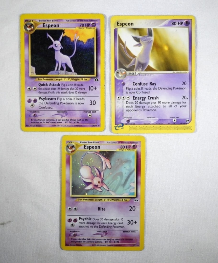 (3) ESPEON REV HOLO & PLAIN 2000 CARDS: ESPEON NEO DISCOVERY REVERSE HOLO WITH SWIRL 1/75 -NM. ESPEON PLAIN 20/75 & ESPEON PLAIN 16/100 -NM.