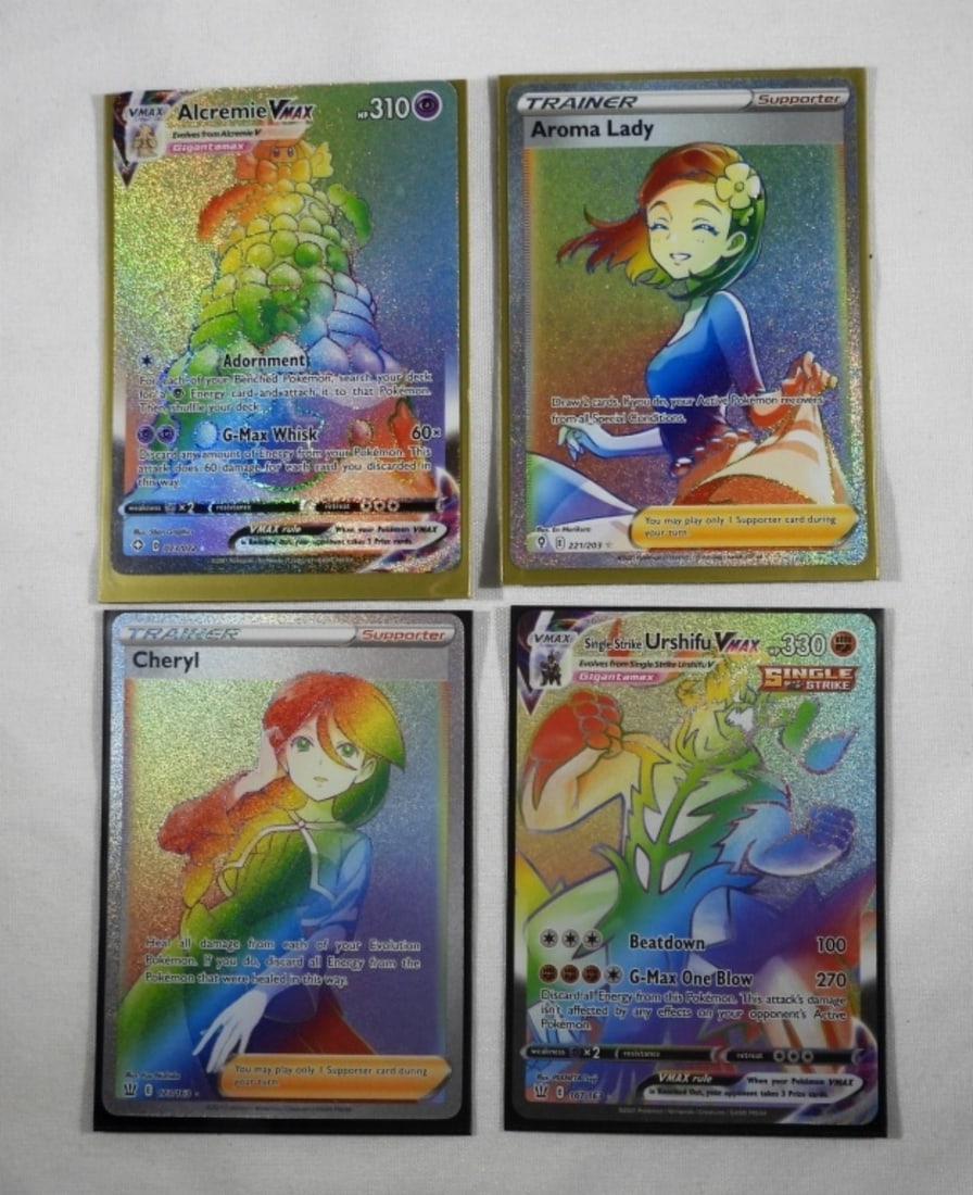 (4) POKEMON RAINBOW CARDS: FOUR POKEMON RAINBOW HOLO CARDS. TRAINER CHERYL, TRAINER AROMA LADY, URSHIFU VMAX, ALCREMIE VMAX. ALL IN NM/M CONDITION
