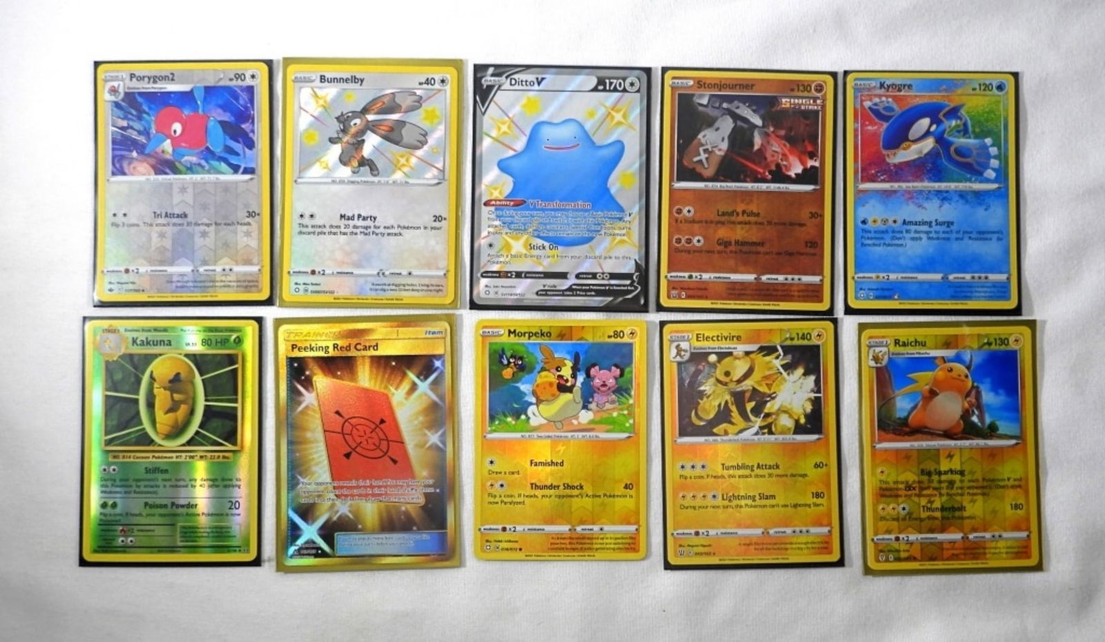 (10) MODERN POKEMON HOLO CARDS: 2016, 2021. PORYGON2 117/198 REV HOLO. BUNNELBY SV097/SV122. DITTO V SV118/SV122. STONJOURNER 084/163 REV HOLO. KYOGRE 021/072 HOLO. KAKUNA 6/108. PEEKING RED CARD, 169/156. MORPEKO 036/072. ELECTIVIR